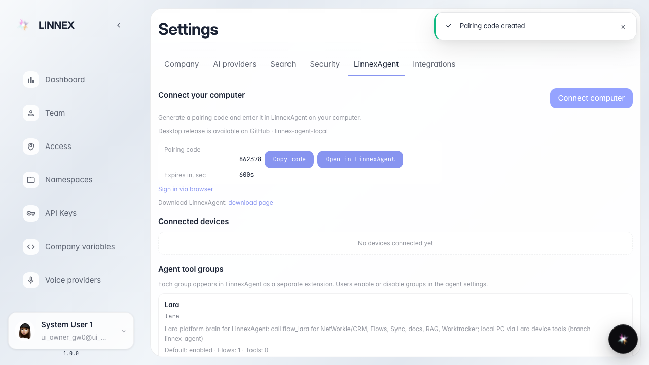 Pairing code is created and visible