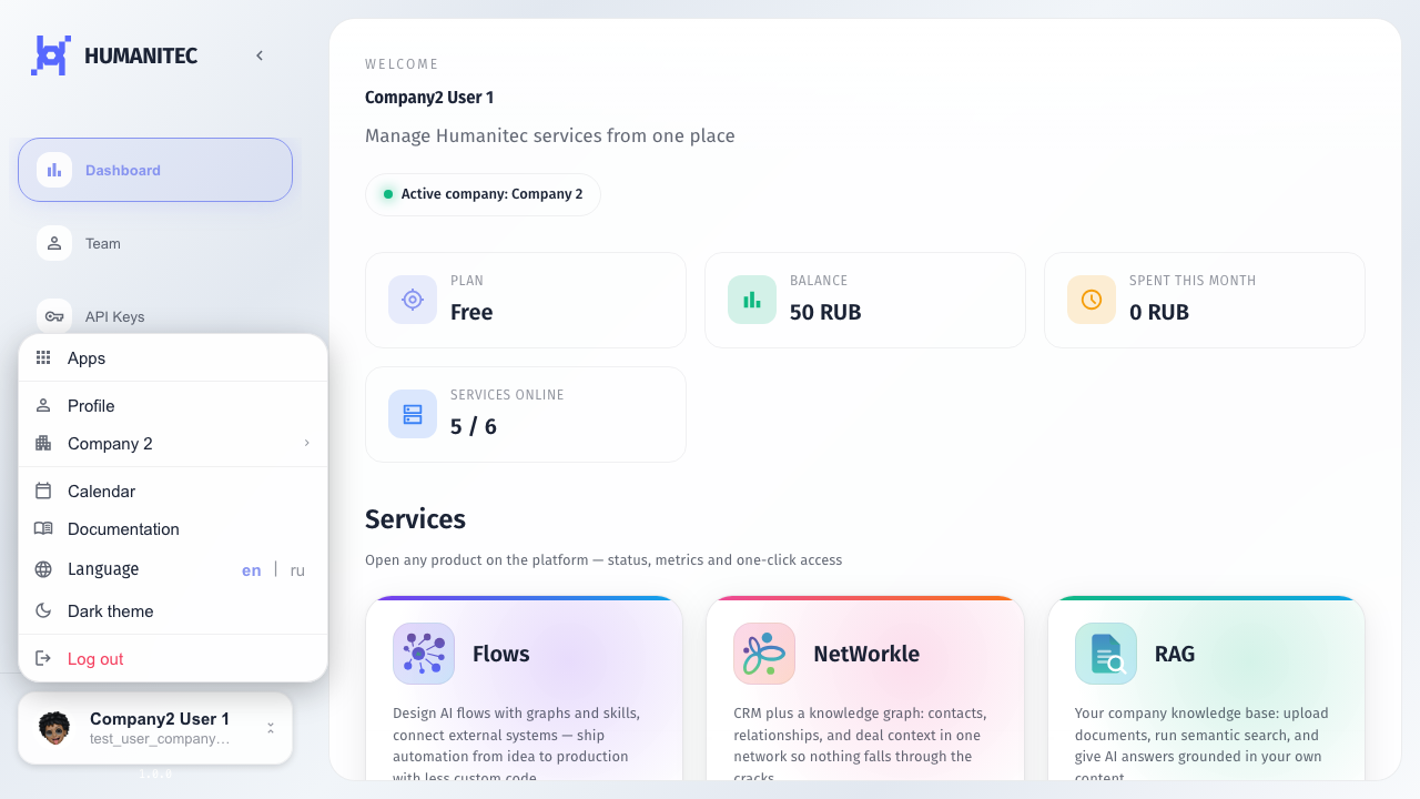 Open the user menu. It contains apps, profile, company, calendar, documentation, language, theme, and sign out.