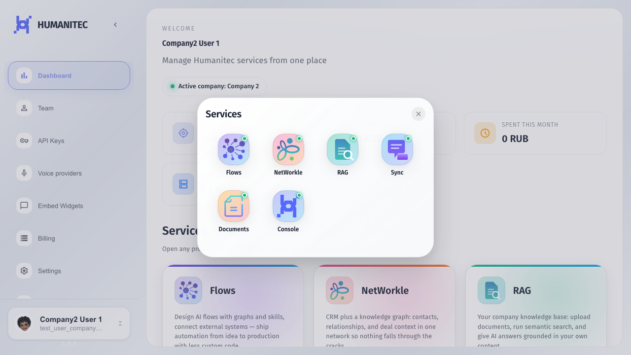 Apps opens the service launcher. It is a quick way to go to Flows, NetWorkle, RAG, Sync, or Documents.