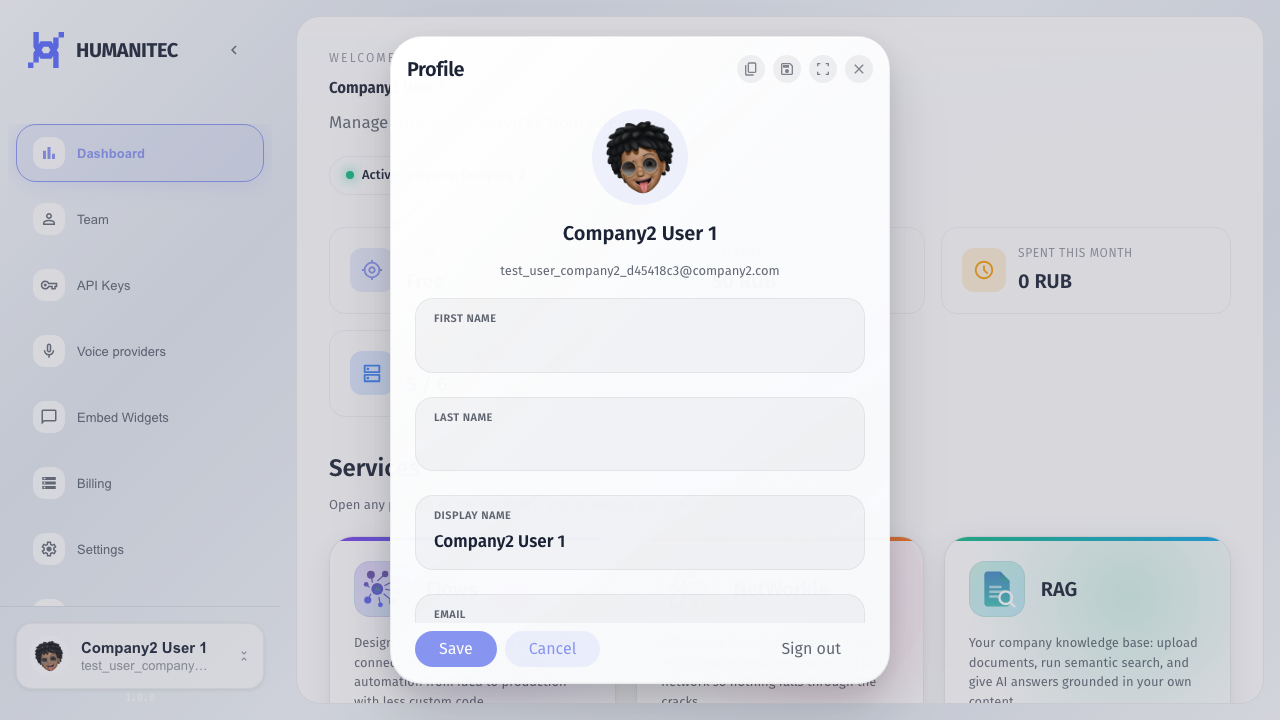 Profile opens the user card with name, email, roles, and account actions.