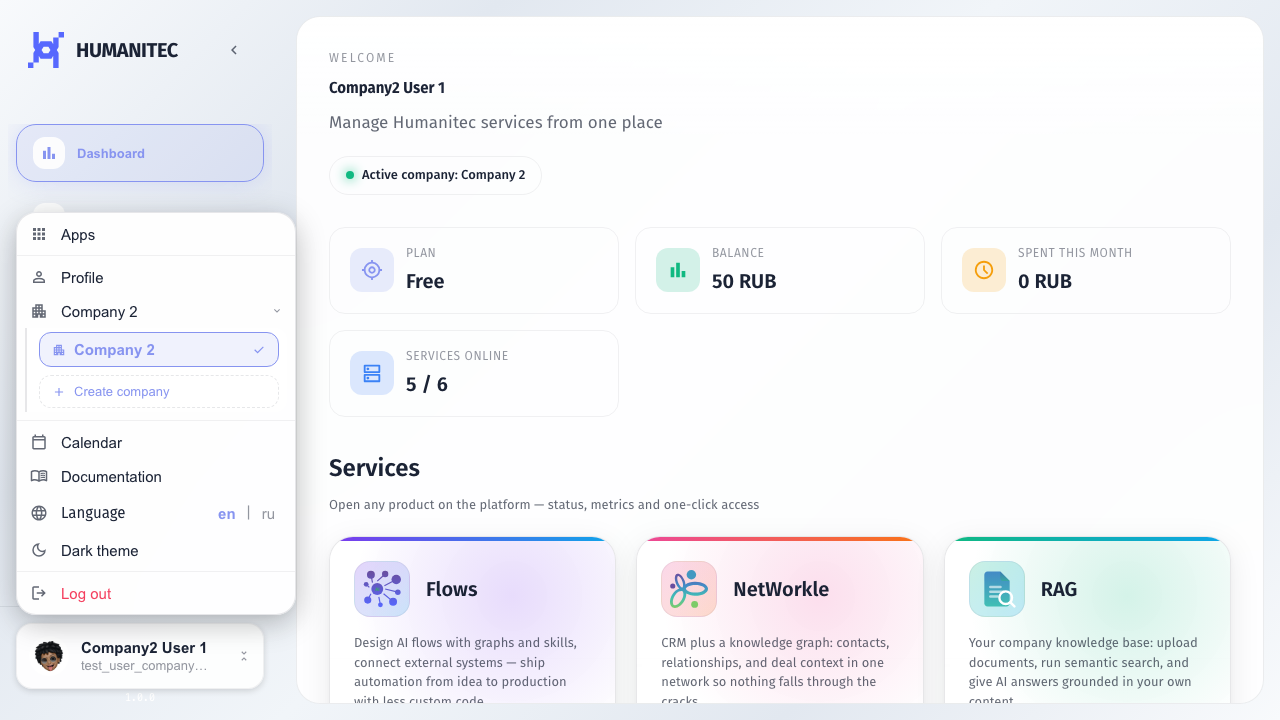 The lower menu items: Documentation opens help, Language changes the locale, Theme switches appearance, and Logout signs out.