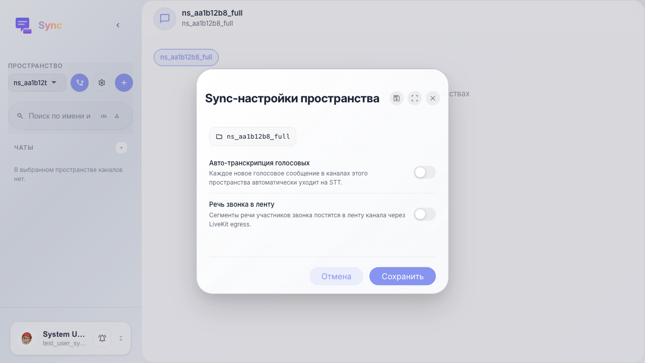 Открыты Sync-настройки пространства