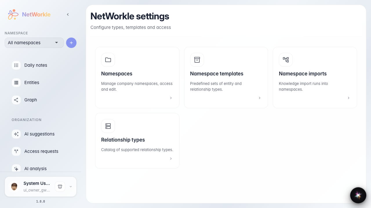 Хаб настроек NetWorkle отображен с карточками