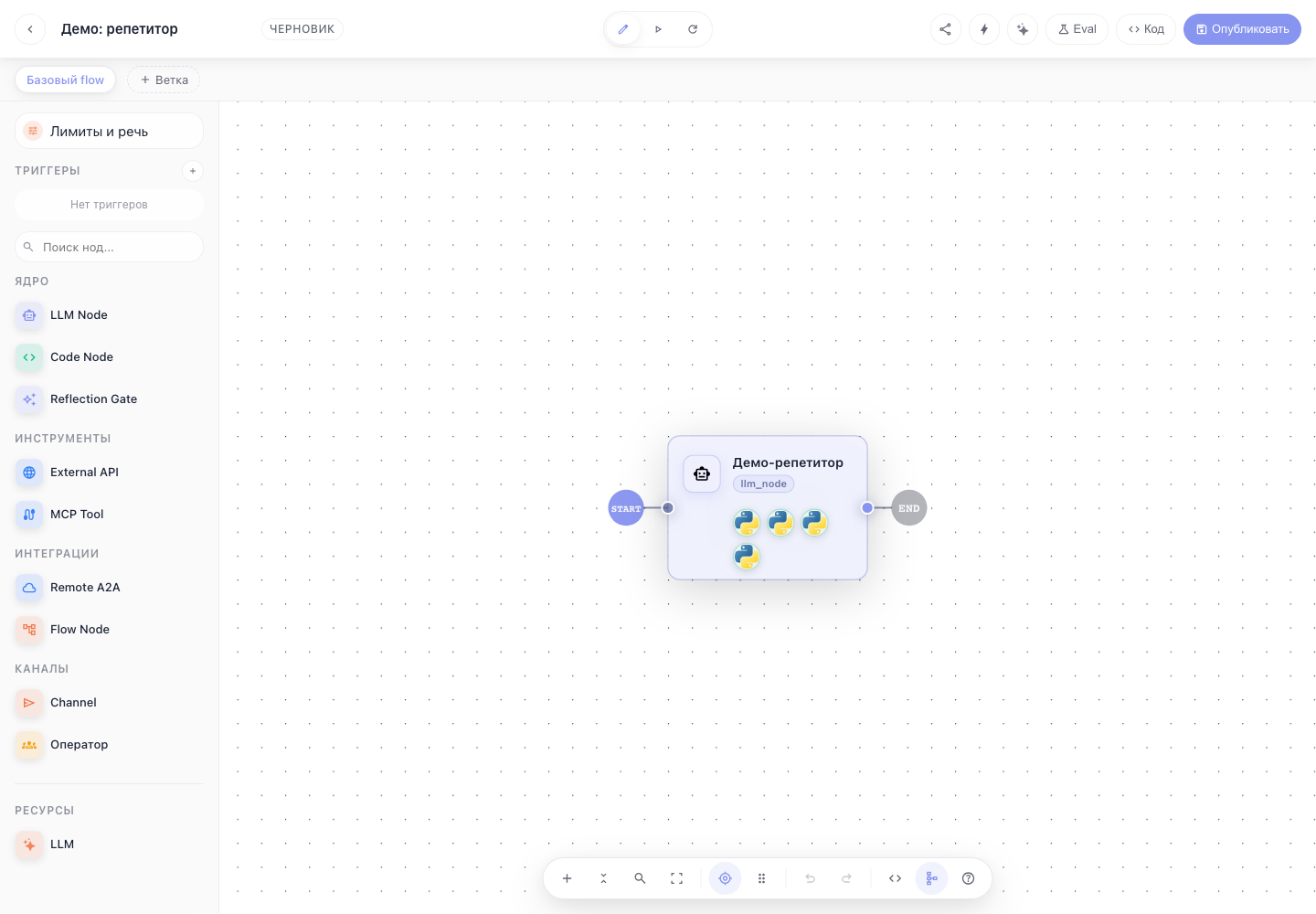 Редактор flow в светлой теме: слева палитра нод, в центре канва, сверху publish/eval/share/triggers/code/run actions.