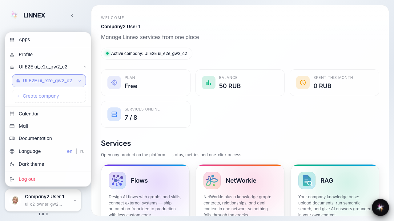 Нижние пункты меню: Documentation открывает справку, Language меняет язык, Theme переключает тему, Logout выходит из аккаунта.