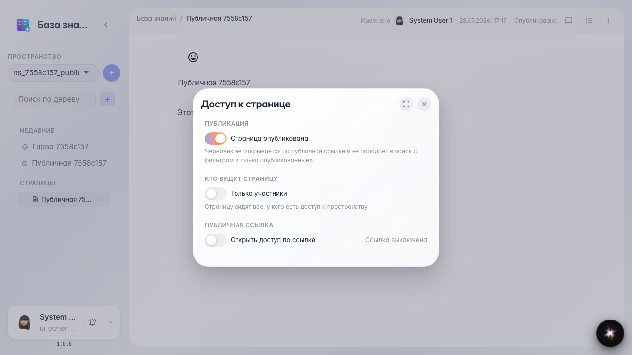 Открыто окно доступа